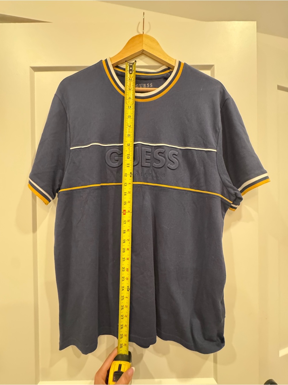 GUESS Men's Navy Logo Tee with Yellow Trim Retro Throwback - Picture 9 of 9